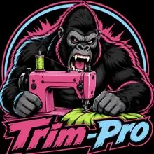 Trim-Pro gorilla mascot at a sewing machine